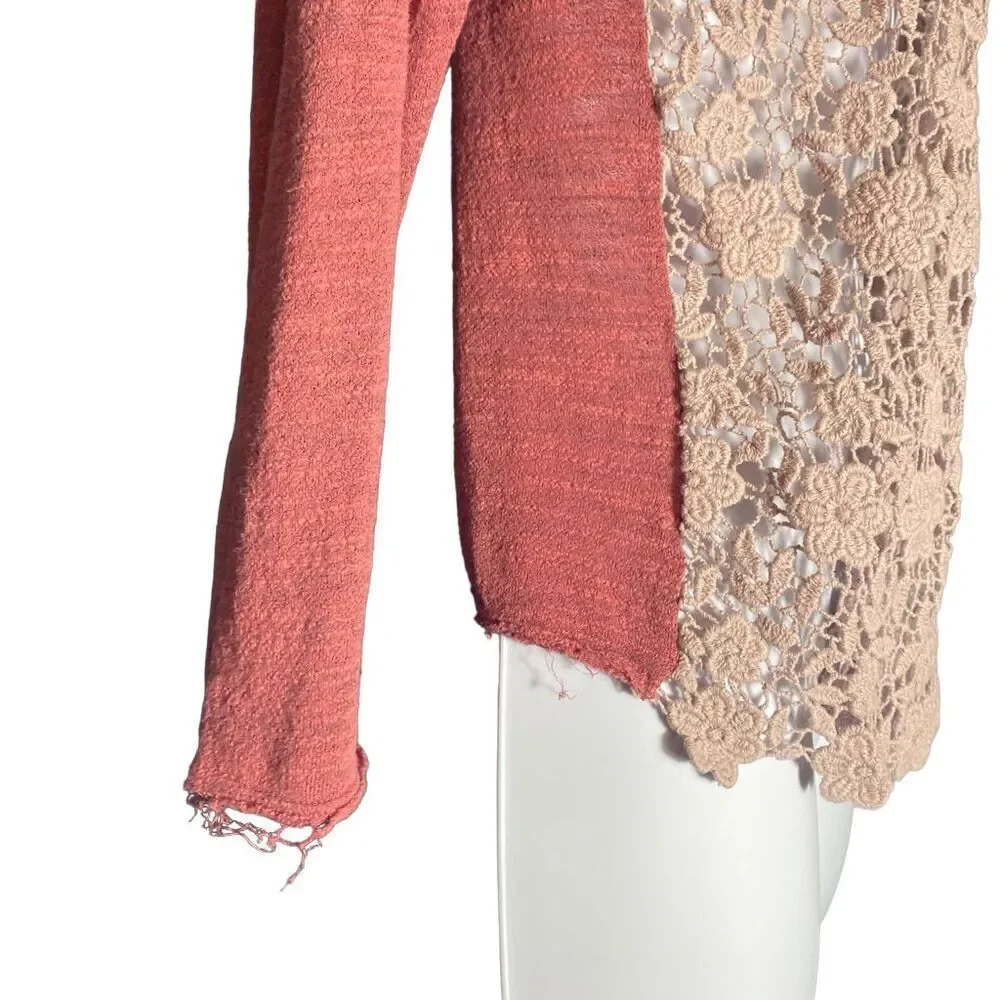Free People Crochet Lace Front Long Sleeve Top Size M